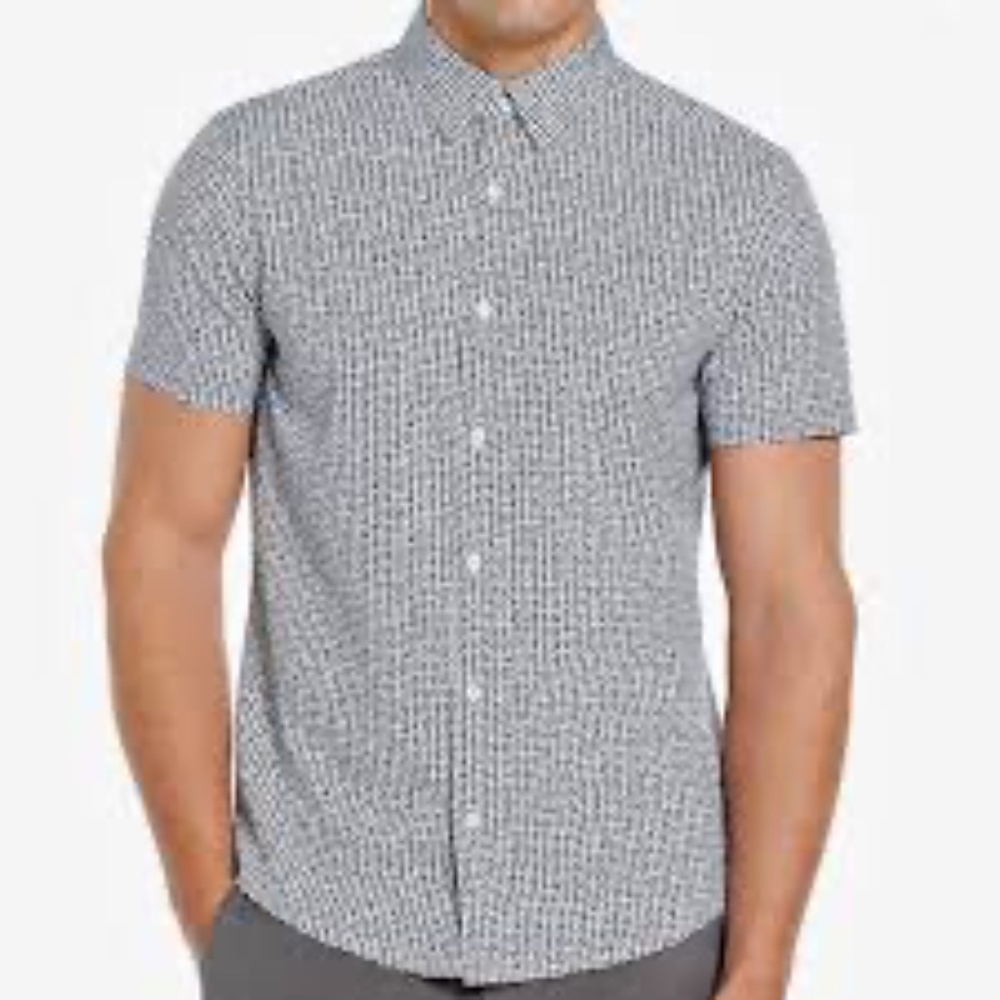PERRY ELLIS – Black and white slim fit short sleeve‎ button-down | X-Large *